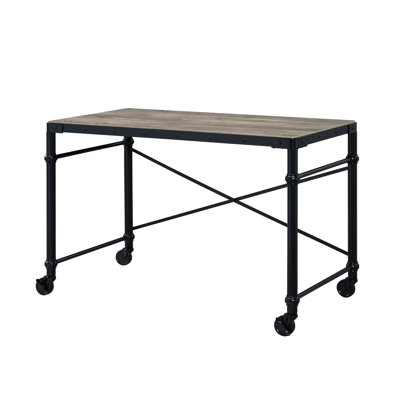 Bureau d'écriture noir et chêne avec base en métal, l 47 po, poids de 38 lb, design industriel, bois composite, roulettes pour un déplacement facile
