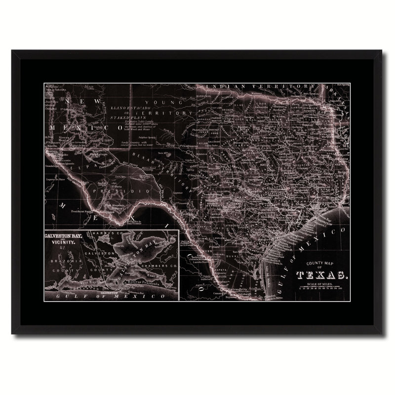 Texas Vintage Vivid sépia carte impression sur toile avec cadre personnalisé noir, 28 x 37