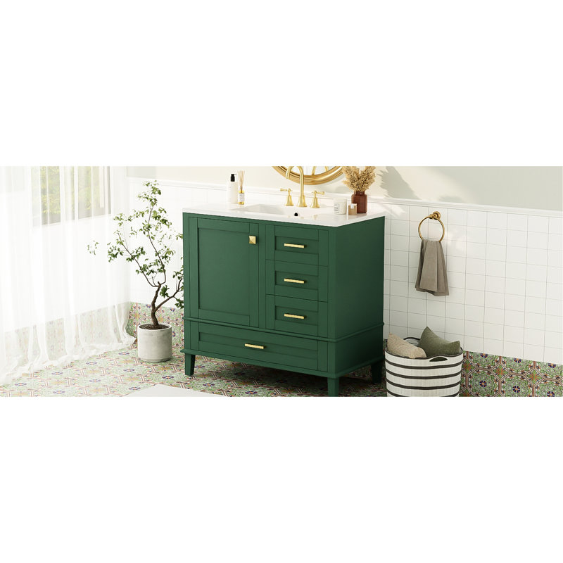 Rangement de salle de bain moderne, 36 po, structure en pin massif, 3 tiroirs, lavabo en céramique, armoire polyvalente, pin, porte à fermeture en douceur