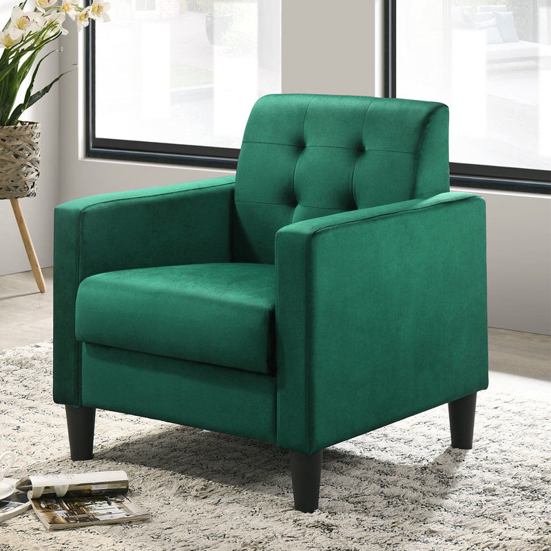 Green Velvet Tufted Accent Chair with Square Arms