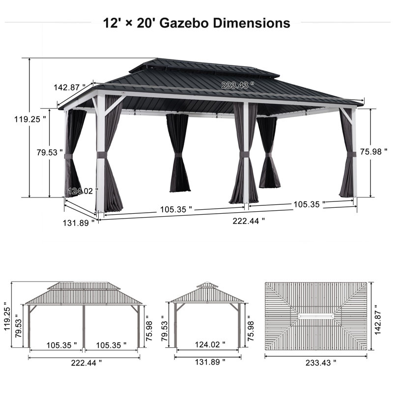 Purple Leaf Hardtop Gazebo Outdoor Double Roof Gazebo White Aluminum Frame Pavilion With Curtain And Netting For Patio, Garden And Backyard, Grey