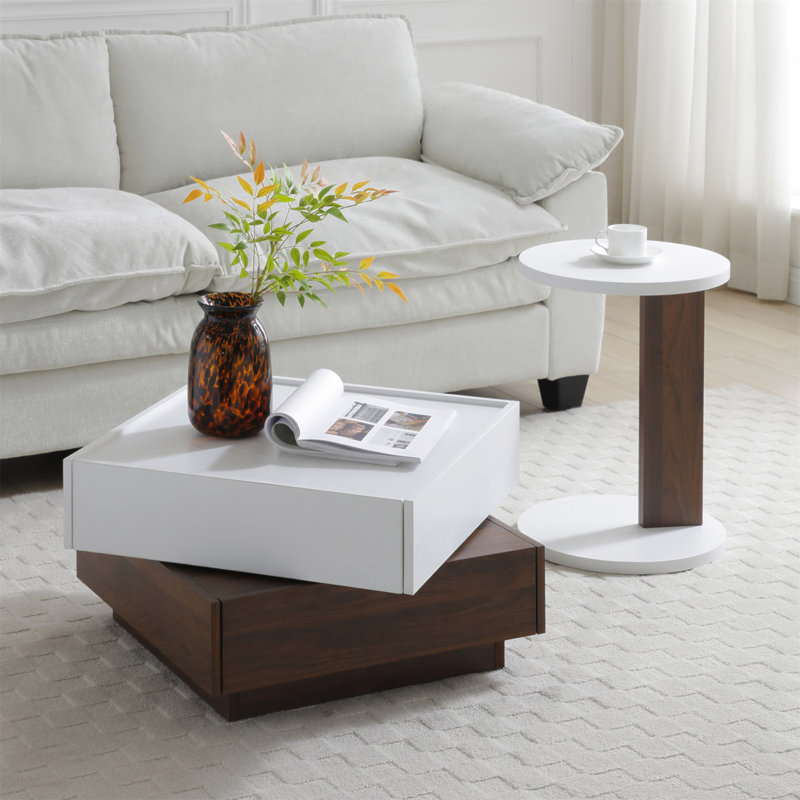 Table basse rotative à 2 tiroirs, table haute en bois à 2 niveaux avec rangement, table basse carrée avec plateau pivotant pour le salon