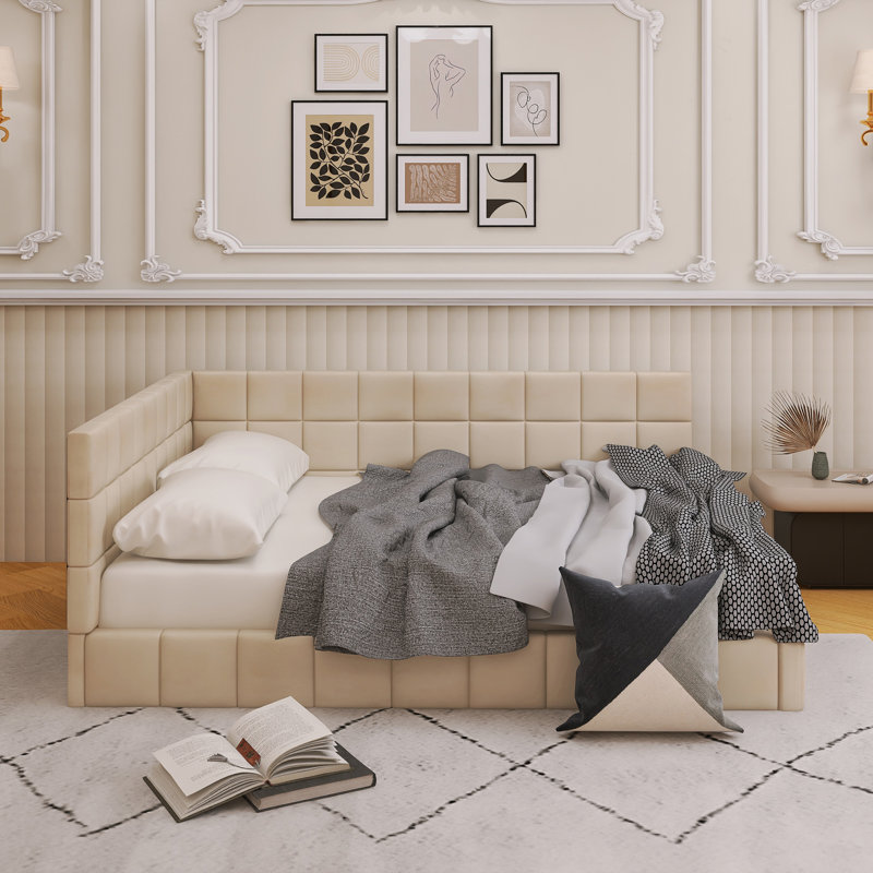 Lit de jour rembourré en bois, Beige