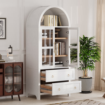 Armoire de salle de bain arquée avec 2 tiroirs, tablettes réglables, porte vitrée