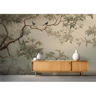 Chinoiserie Birds and Branches Wall Mural | Misty Lake Peel and Stick Wallpaper | Living Room Removable Wall Décor