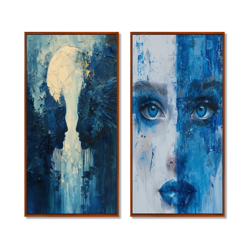 Ensemble de 2 pièces d'art mural blanc et bleu astrologie, H 32 po x l 32 po, Cadre flottant brun