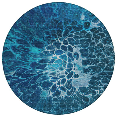 HomeRoots 8' Navy Blue And Sky Blue Round Abstract Washable Indoor Outdoor Area Rug
