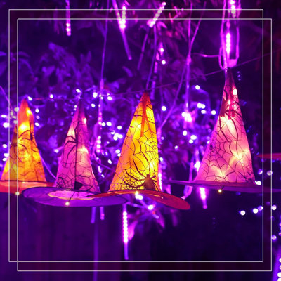 Halloween Hanging Witch Hat Lights - 16Ft Length, 8 Lighting Modes (Remote Control), Waterproof Battery-Powered, Indoor Outdoor Party Decor