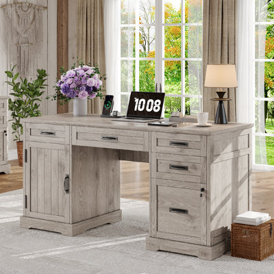 Clabe 55'' Farmhouse Executive Desk with Drawers, File Cabinet and Power Outlets