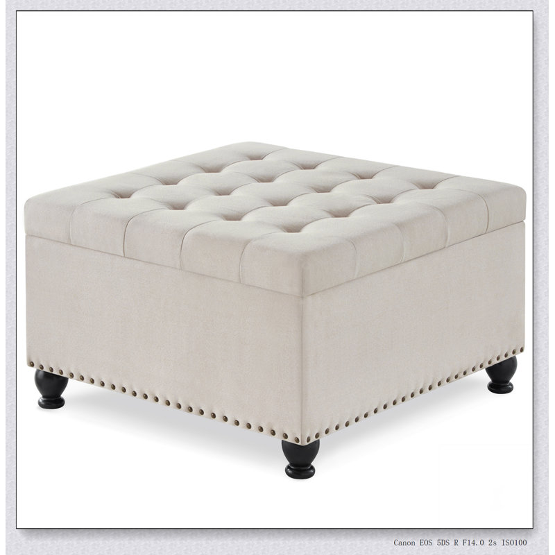 Large square storage ottoman with wooden legs, Upholstered button tufted coffee table, Beige