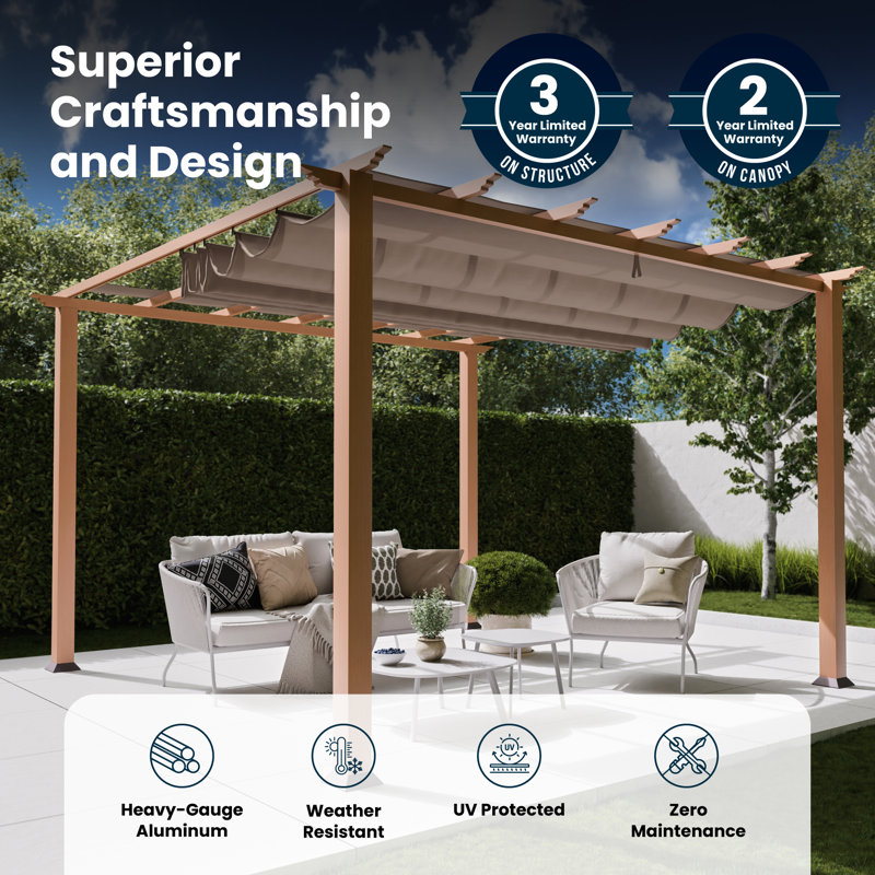 Florence 11 ft. W x 11 ft. D Wood Grain Aluminum Pergola in Canadian Cedar with Convertible Canopy, Cocoa