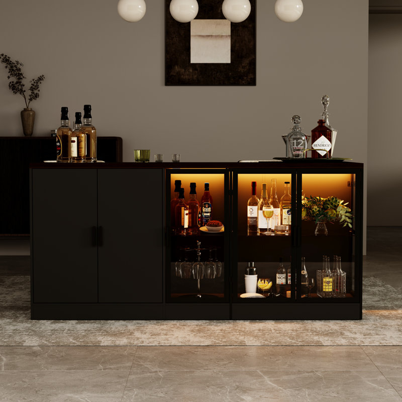 Stylish Home Bar Cabinet With LED Lighting - 3 Storage Cabinets (Wood & Glass) & 3 Drawers