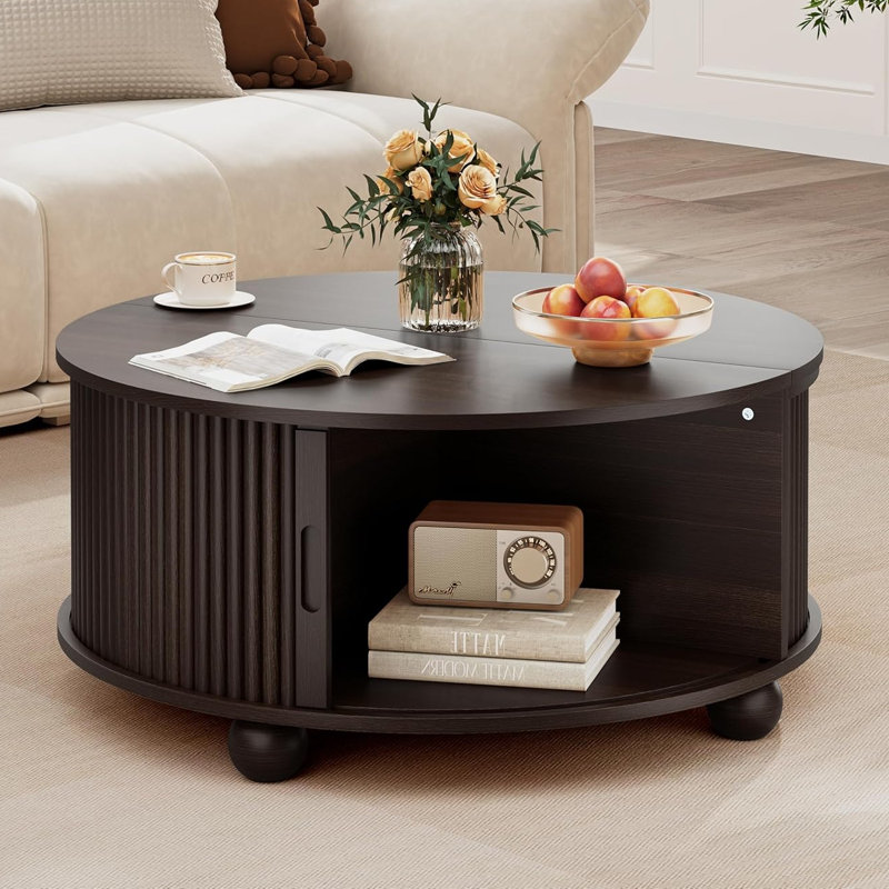 Round Coffee Table with Storage, 31.5" Mid Century Modern Fluted Coffee Table with 360° Curved Sliding Door, Dark Walnut