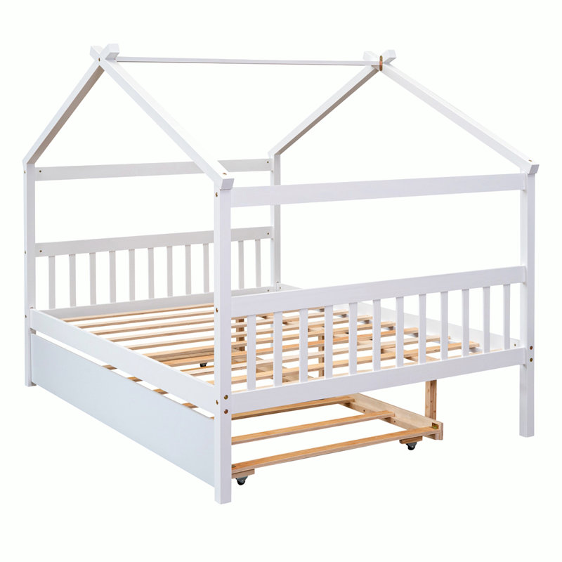 Annais Wooden House Bed with Trundle, Full, White