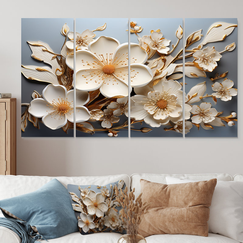 Orchidée blanche jardin de branches V - abstrait floral, art mural 4 pièces, H 28 po x l 48 po