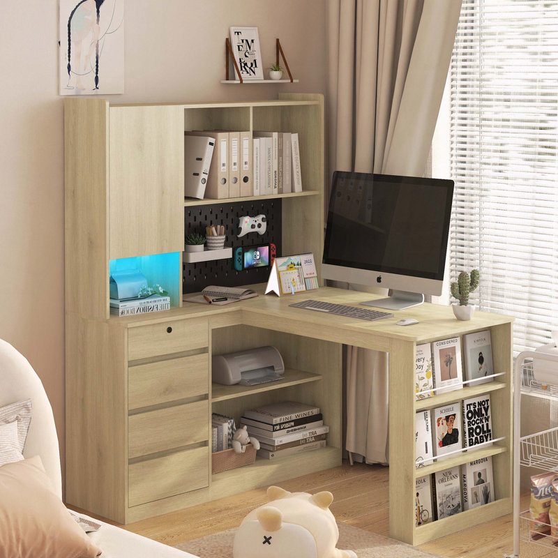 Bureau d'angle en L avec chargeur, lumière DEL et rangement
