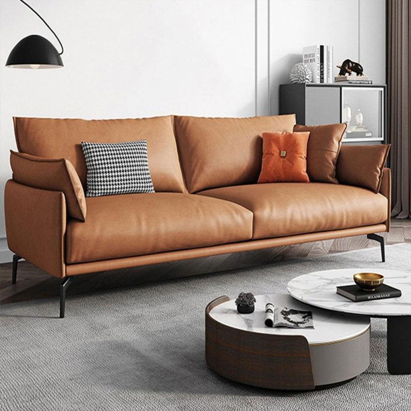 Causeuse coussin orange en cuir véritable, 33,07 po H x 66,93 po L x 35,04 po po, Orange
