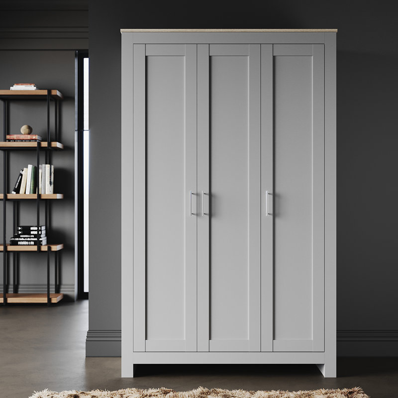 180*112*49.5cm, Solid Wood Multi-Layer Storage with Hooks,3-Door Wardrobe, Grey/Oak