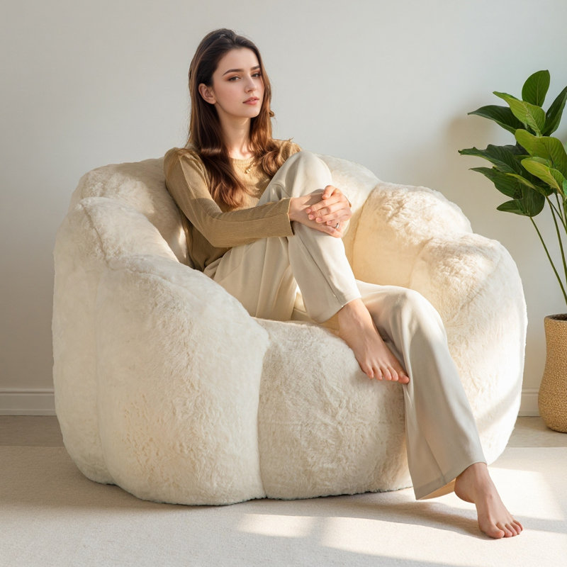 Floral Shaped Bean Bag Chair, Beige Faux Fur , 29" H x 42" W x 40" D