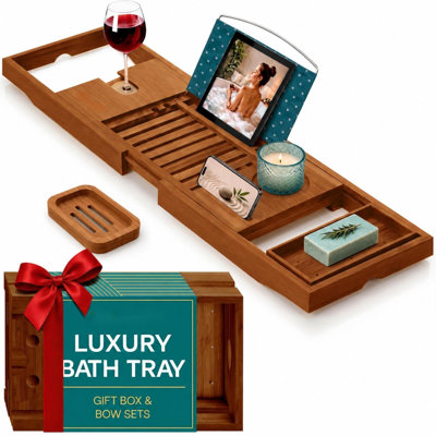 Premium Bathtub Tray Caddy with Gift Box and Bow Set, Expandable Bath Tray, Unique House Warming Gifts for Mom, Women, Wedding, Anniversary, Bridal Shower, Fit for All Tub - Brown, Gift Set