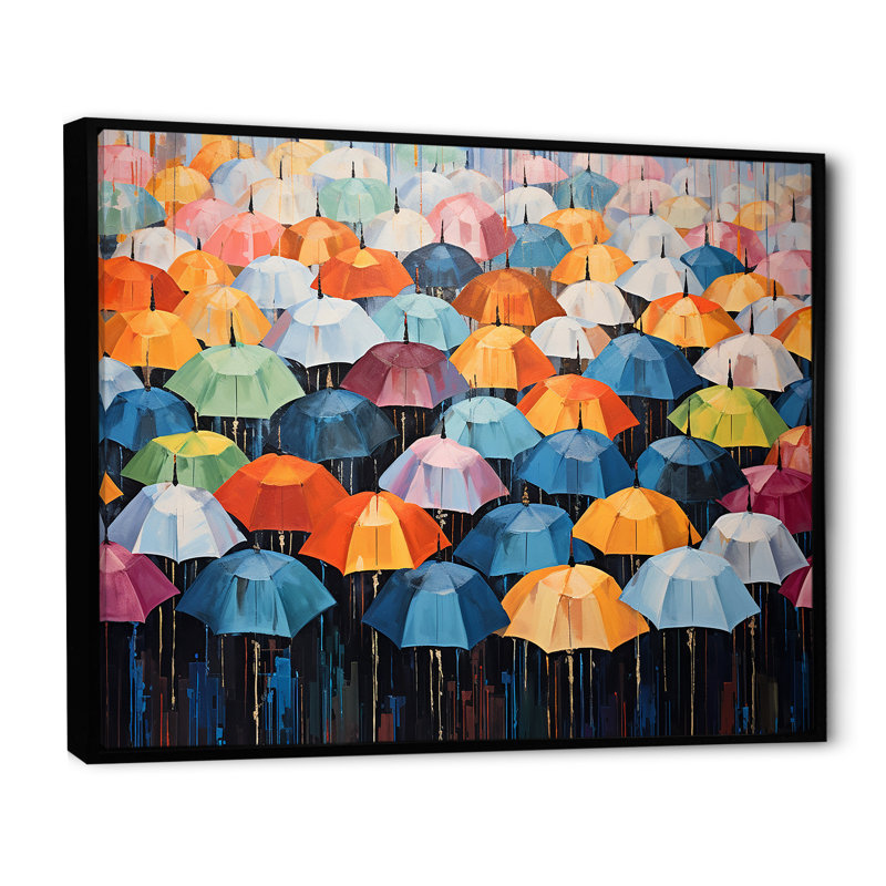 " Rainbow Umbrellas Collage I ", Black Floater Framed, 30" H x 40" W