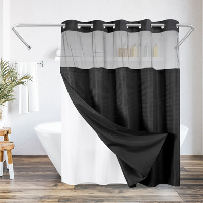  Rideau de douche 72x75 à motif gaufré sans crochet - Long rideau de douche résistant à l'eau avec panneau transparent, doublure à encliqueter et œillets