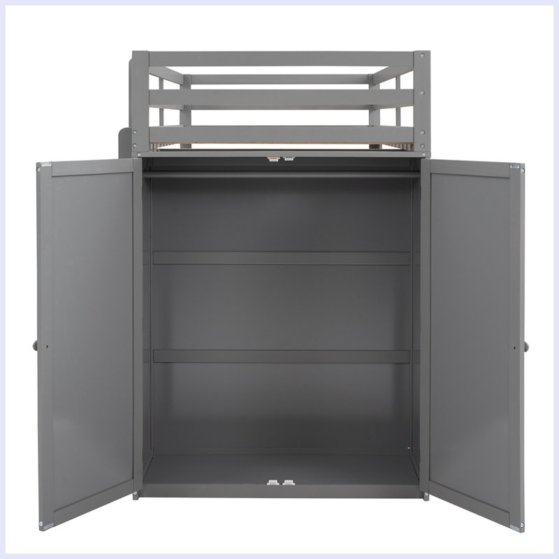 Lit mezzanine moderne avec tiroirs, bureau et garde-robe, Gris, Simple