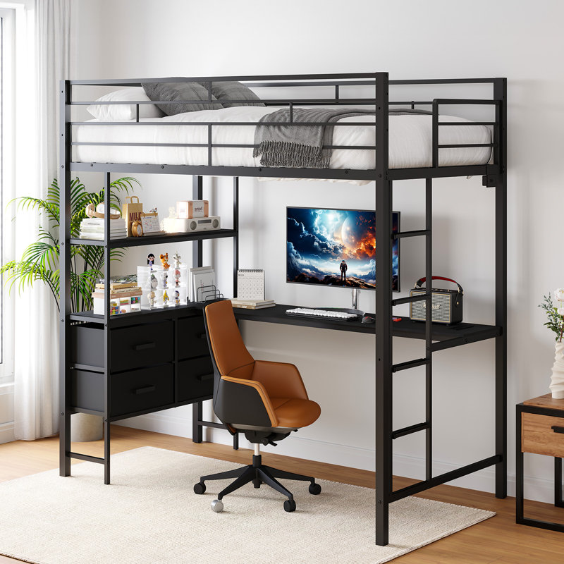 Black Full Metal Loft Bed Frame With L-Shaped Desk, 2 Charging Stations, Storage Shelves, 4 Drawers, LED Lights, Black