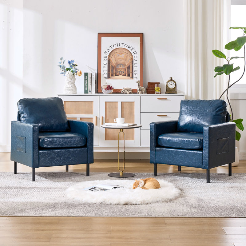 Faux Leather Accent Chair With Metal Legs & Side Pocket (Set Of 2), Blue
