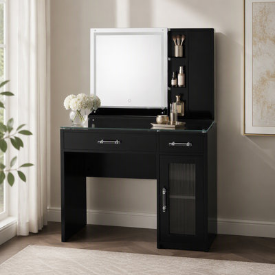 High Gloss 2-drawer Makeup Vanity Table with Mirror and Stool