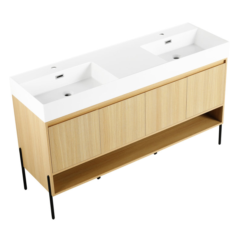 Meuble-lavabo 60 po avec lavabo simple en résine, porte, armoire de rangement pour salle de bain
