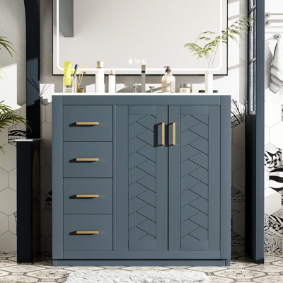 Meuble-lavabo de 91 cm (36 pouces) avec lavabo en céramique, structure en bois massif, 3 tiroirs, portes à fermeture douce, grand espace de rangement, style rétro, poignées en métal élégantes, glissières de tiroir fluides, montage facile.