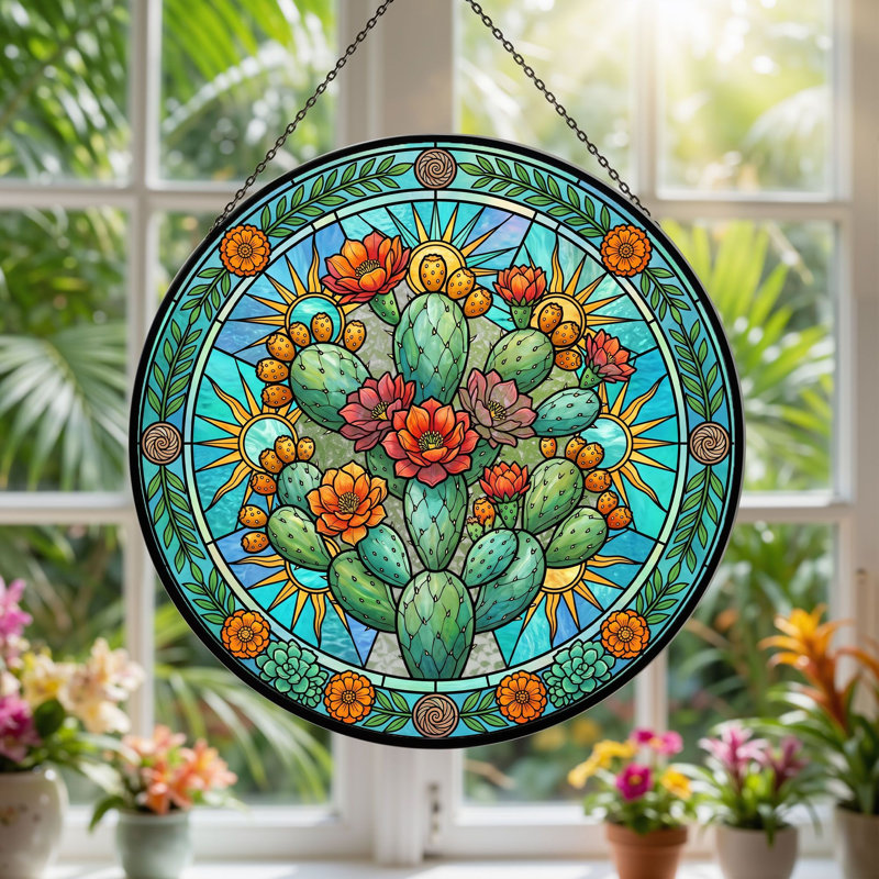 Panneau de vitrail en forme de fleur de cactus ， 7,8 H, H 7,8 po