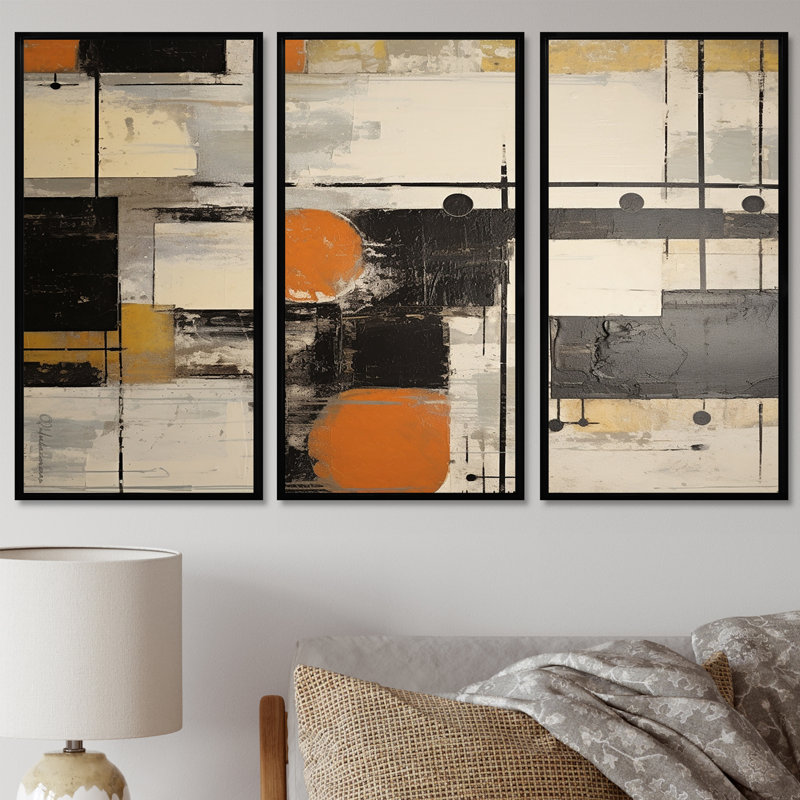«Deconstrstruction Beige Orange Black White - Abstract Shapes», ensemble de reproductions d'art mural, Cadre flottant noir