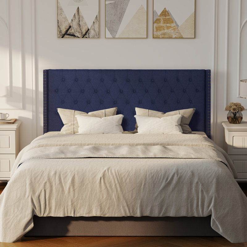 Tufted Wingback Upholstered Headboard with Nailhead Trim, Navy Blue-Linen, Queen