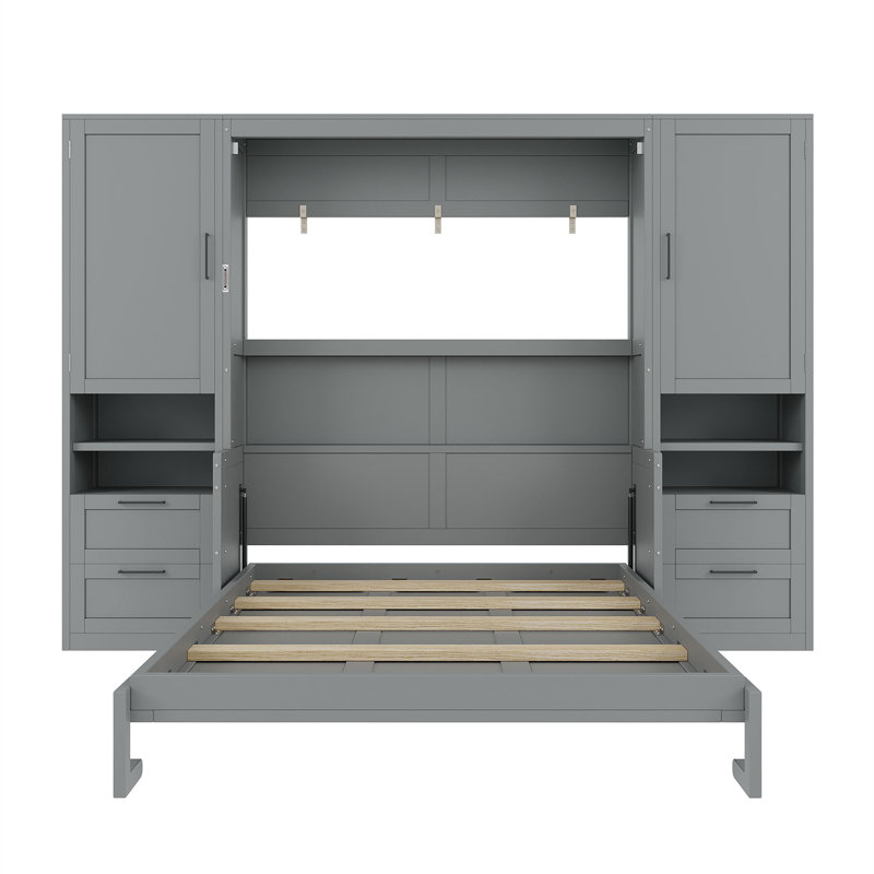 Grand lit escamotable mural avec placard, tiroirs et tablettes, gris, Gris, Grand lit