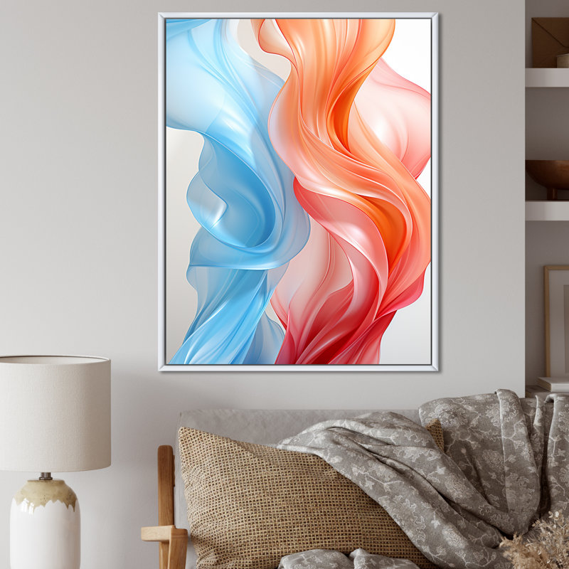 Ondes abstraites contemporaines orange et bleu I - impression, H 40 po x l 30 po x P 1,5 po, Cadre flottant blanc
