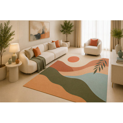 Tapis ultra-léger 152 x 213 cm « Coucher de soleil dans le désert », motif paysage abstrait vert sauge et terre cuite, dos en silicone antidérapant, moquette à poils courts