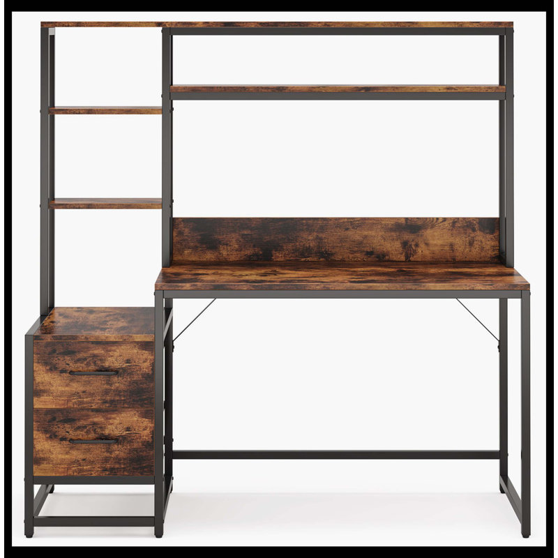 Table d'écriture de 60 po avec 2 tiroirs et tablettes de rangement, Brun rustique