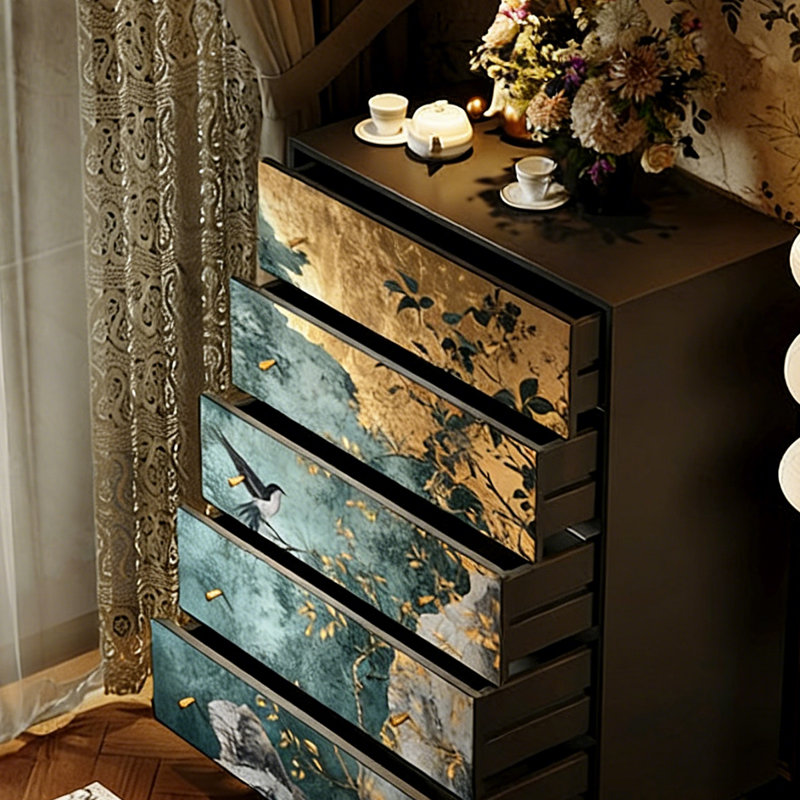 Armoire de rangement décorative en bois massif à 5 tiroirs, Noir