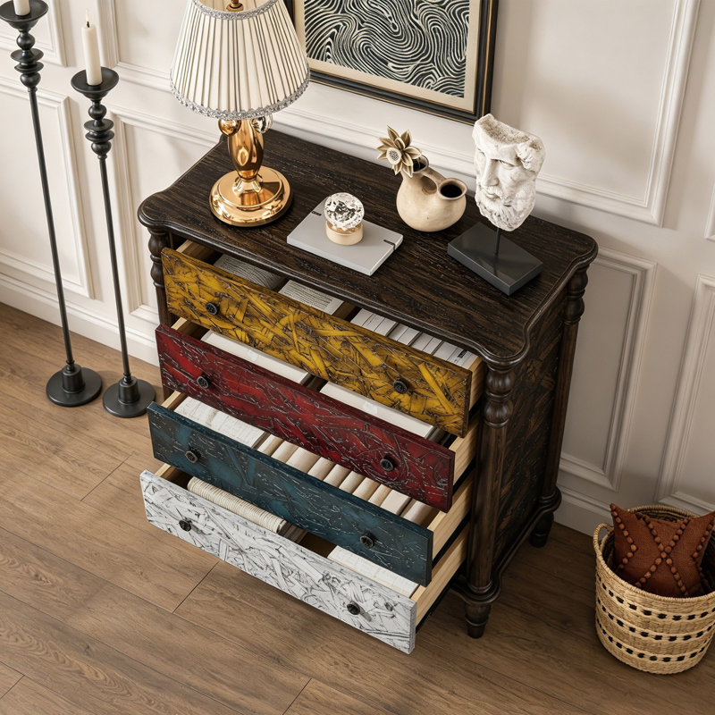 Commode en bois de 81 cm de hauteur avec tiroirs, idéale pour une chambre, un corridor ou une entrée., Coloré