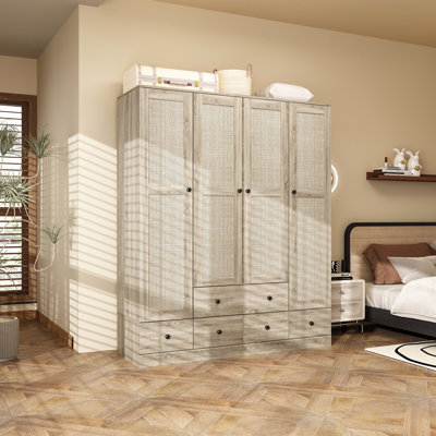 Rustic Four-Door Wardrobe With Rattan Panelling And Six-Drawer Storage – Spacious Modern Closet Organizer For Bedrooms