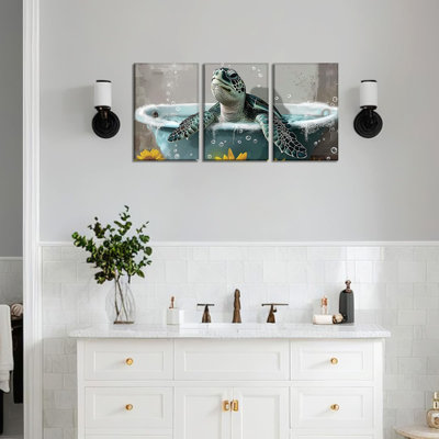 3 pièces, art mural drôle de salle de bain tortue de mer, reproduction d'art sur toile, tortue dans la baignoire, peinture de créature marine, thème de l'océan, œuvre d'art, décor de salle de bain encadrée - 12,00 po x 16,00 po x 3 po