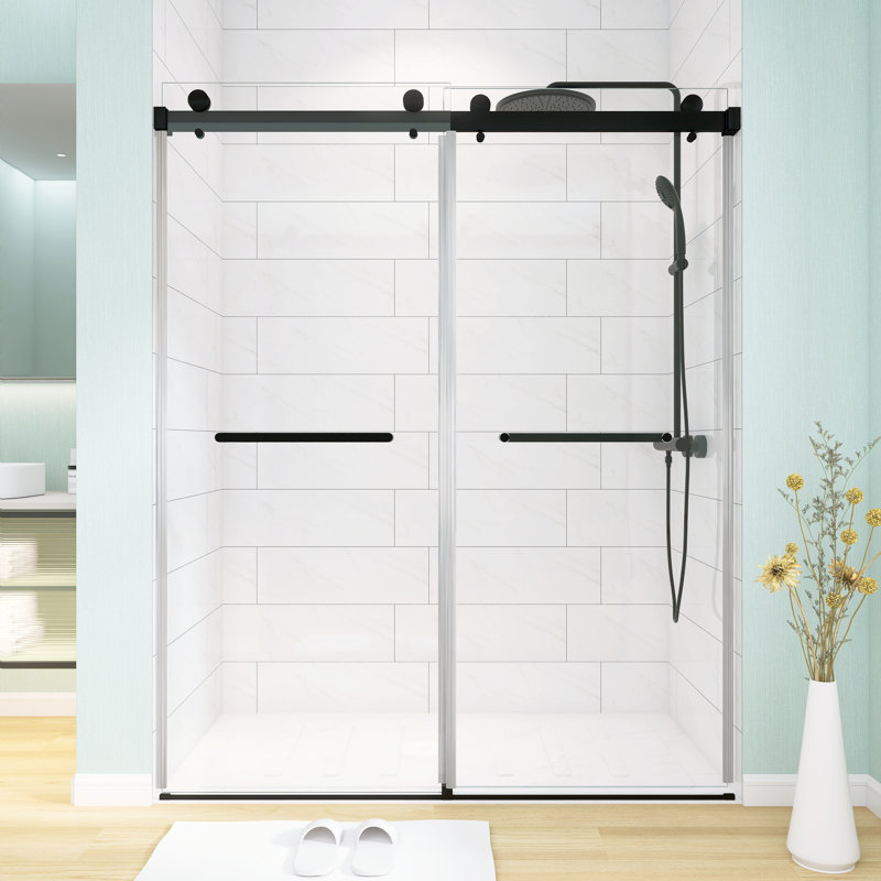 Porte de douche coulissante double moderne sans cadre de 56 à 60 po x H 75 po en verre trempé de 8 mm, Noir mat