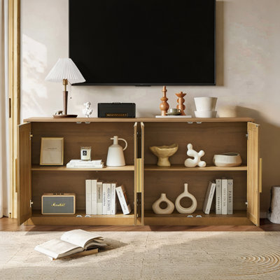 Buffet 67 po, 4 portes en rotin avec meuble télé en bois et console avec tablettes pour le salon et la salle à manger