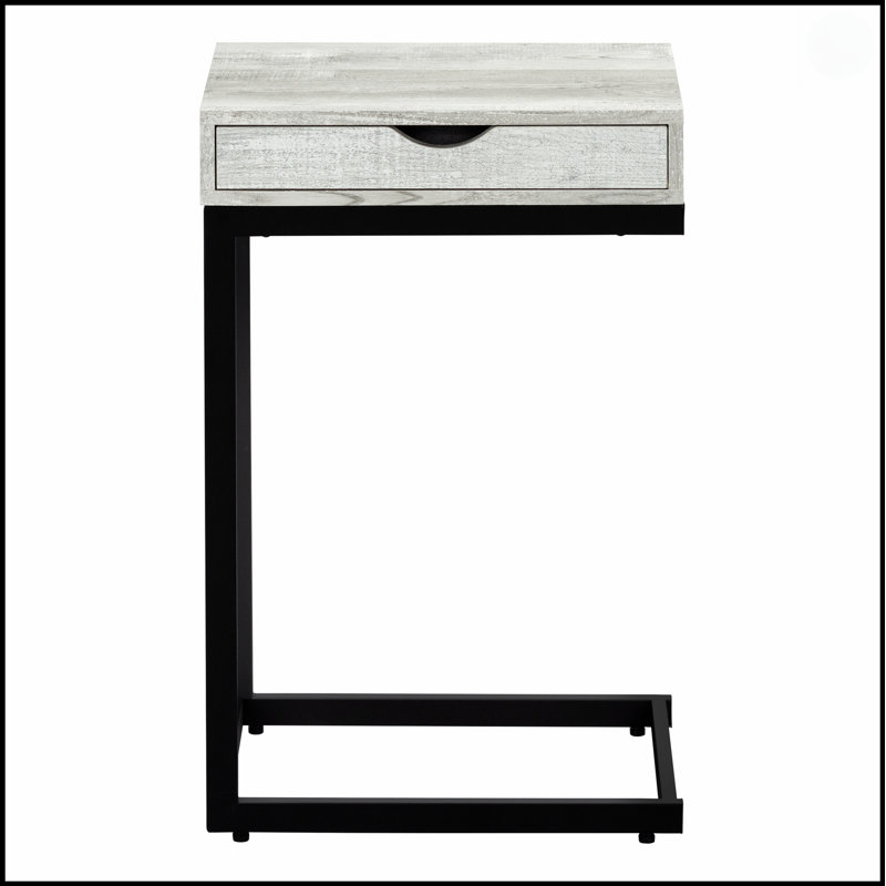 Table d'appoint en forme de C avec tiroir de rangement, plateau en stratifié gris et structure en métal noir pour les espaces de vie modernes