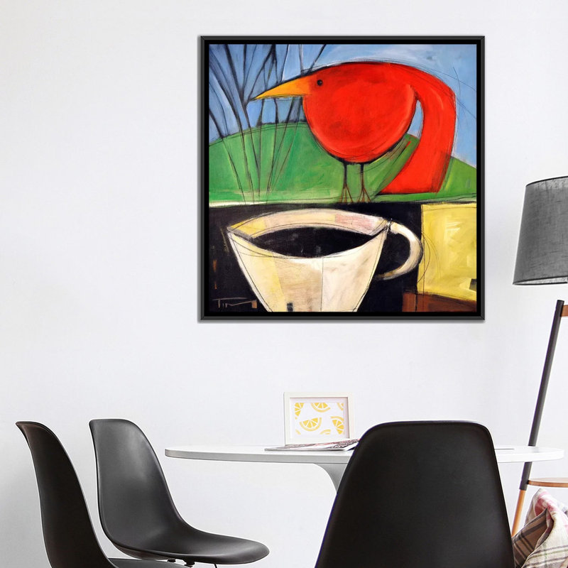 «Coffee and Red Bird» par Tim Nyberg - reproduction d'art, Aucun mat, H 37 po x l 37 po x P 1,5 po, Toile avec cadre noir