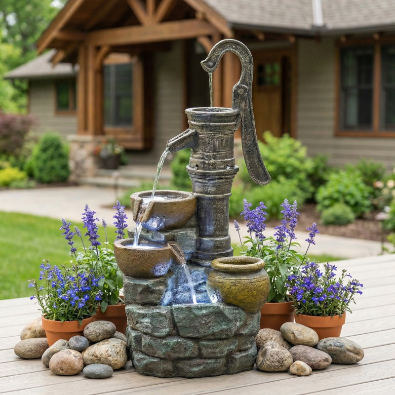 Large Outdoor Fountain with Vintage Pump & Natural Stone Design, Weather-Resistant Resin Water Feature for Patio Yard Garden