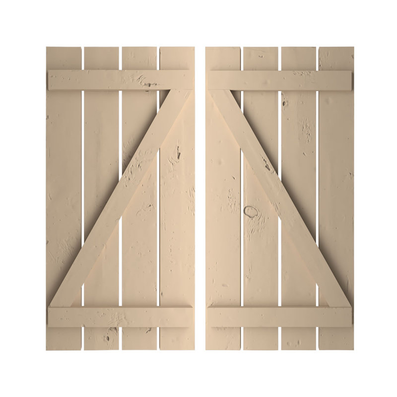 Volets rustiques à quatre planches espacées avec planche en Z (par paire), Texture de pin noueux / brun clair apprêté, 23"