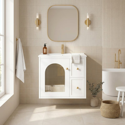 Meuble-lavabo mural moderne de 61 cm (24 po) avec lavabo en céramique, 2 tiroirs et porte à fermeture en douceur